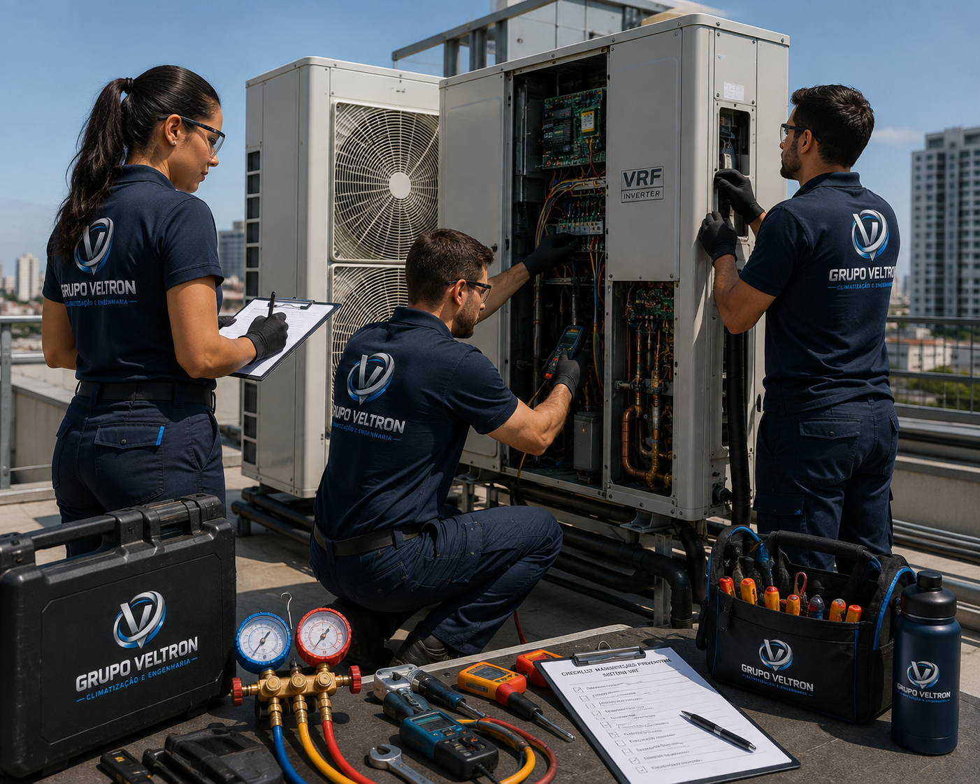 Equipe Grupo Veltron realizando manutenção preventiva em sistema VRF